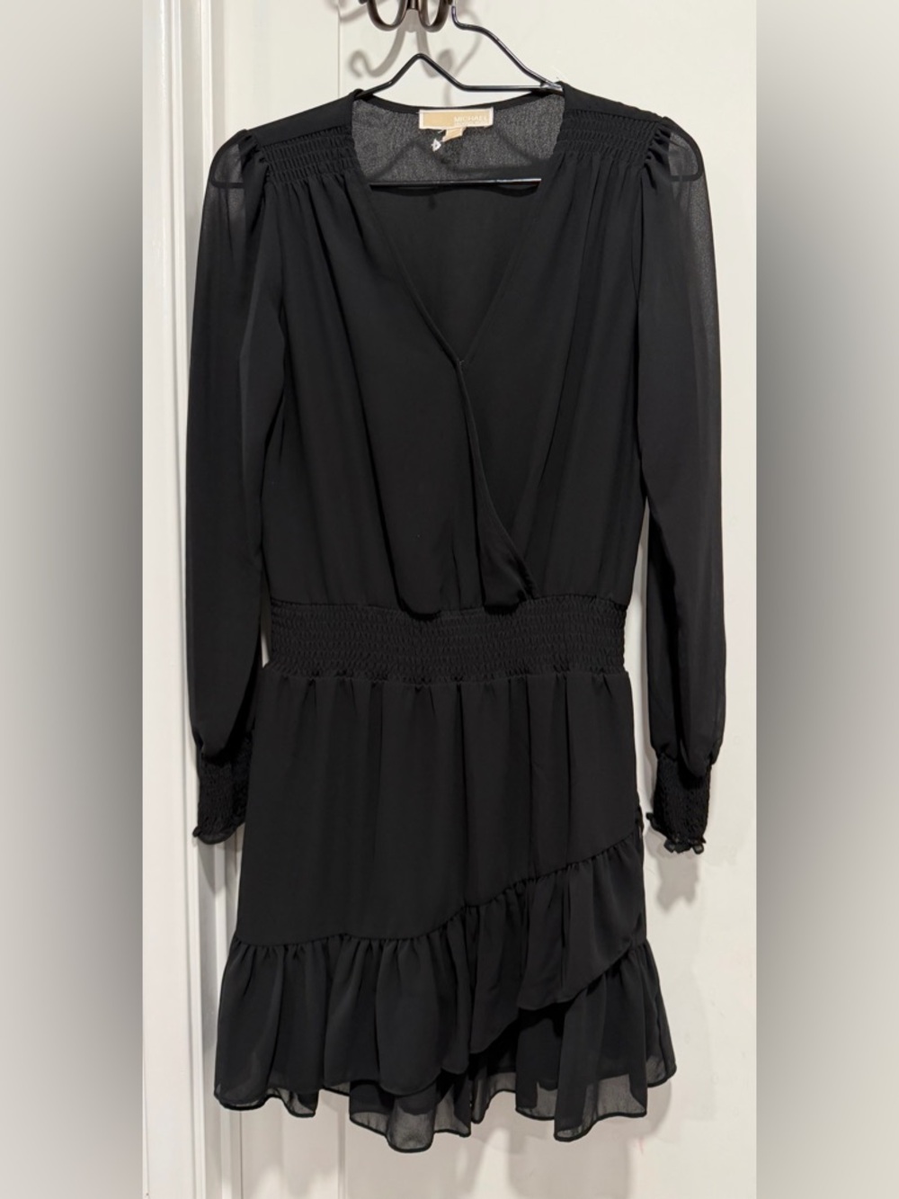 Michael Kors Black Long-Sleeve Smocked Waist Tiered Dress